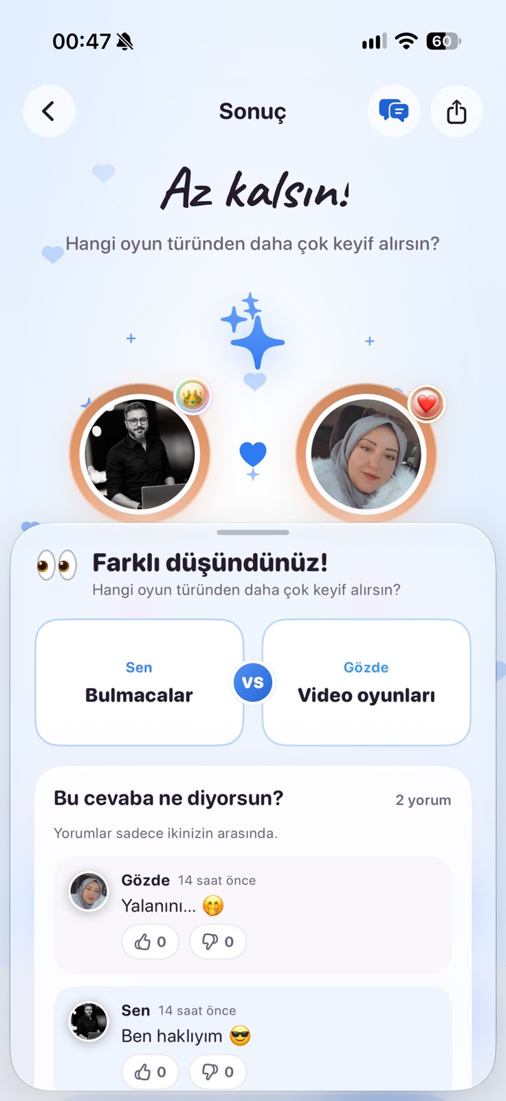 Gerçek iOS ekranı: farklı cevaplar ve ikiliye özel yorumlar