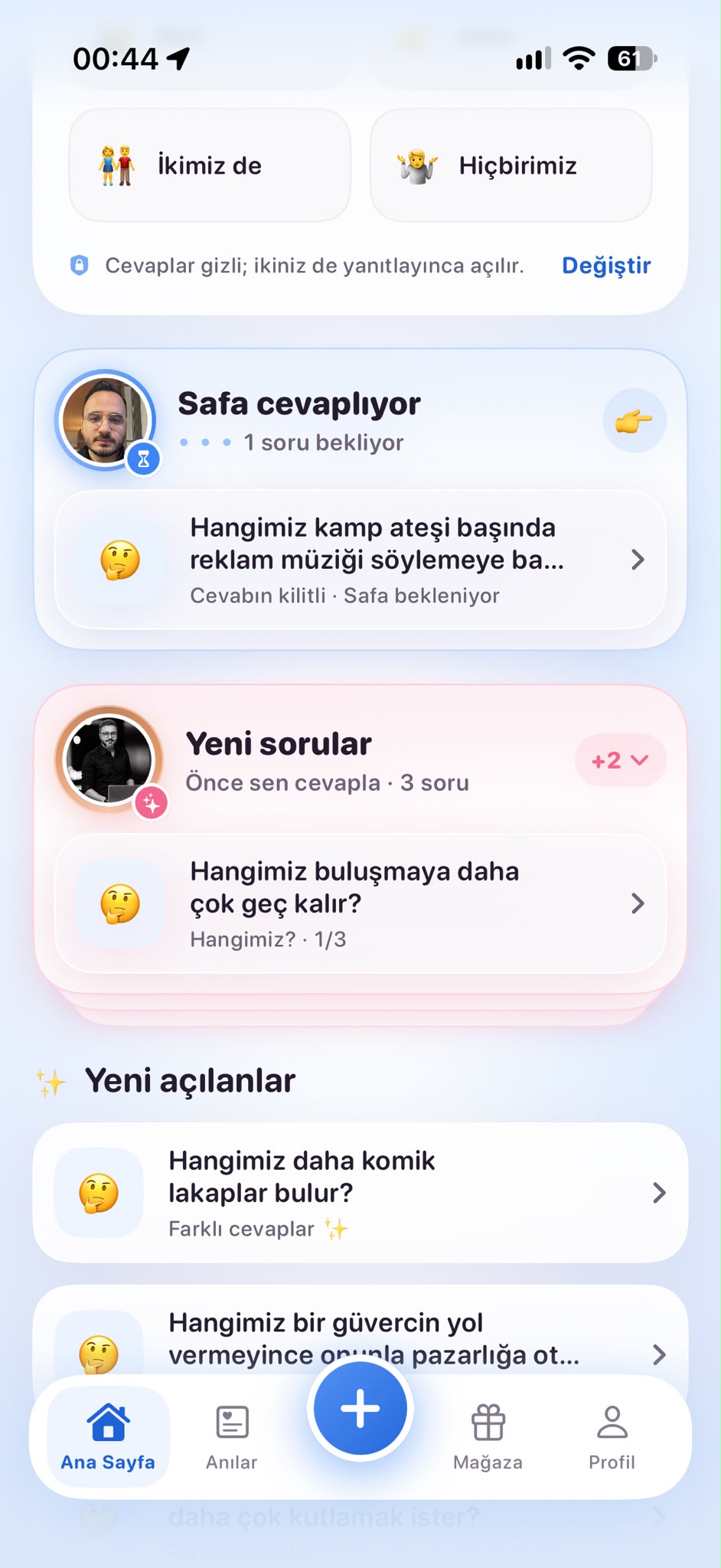 Gerçek iOS ekranı: bekleyen cevaplar ve yeni sorular