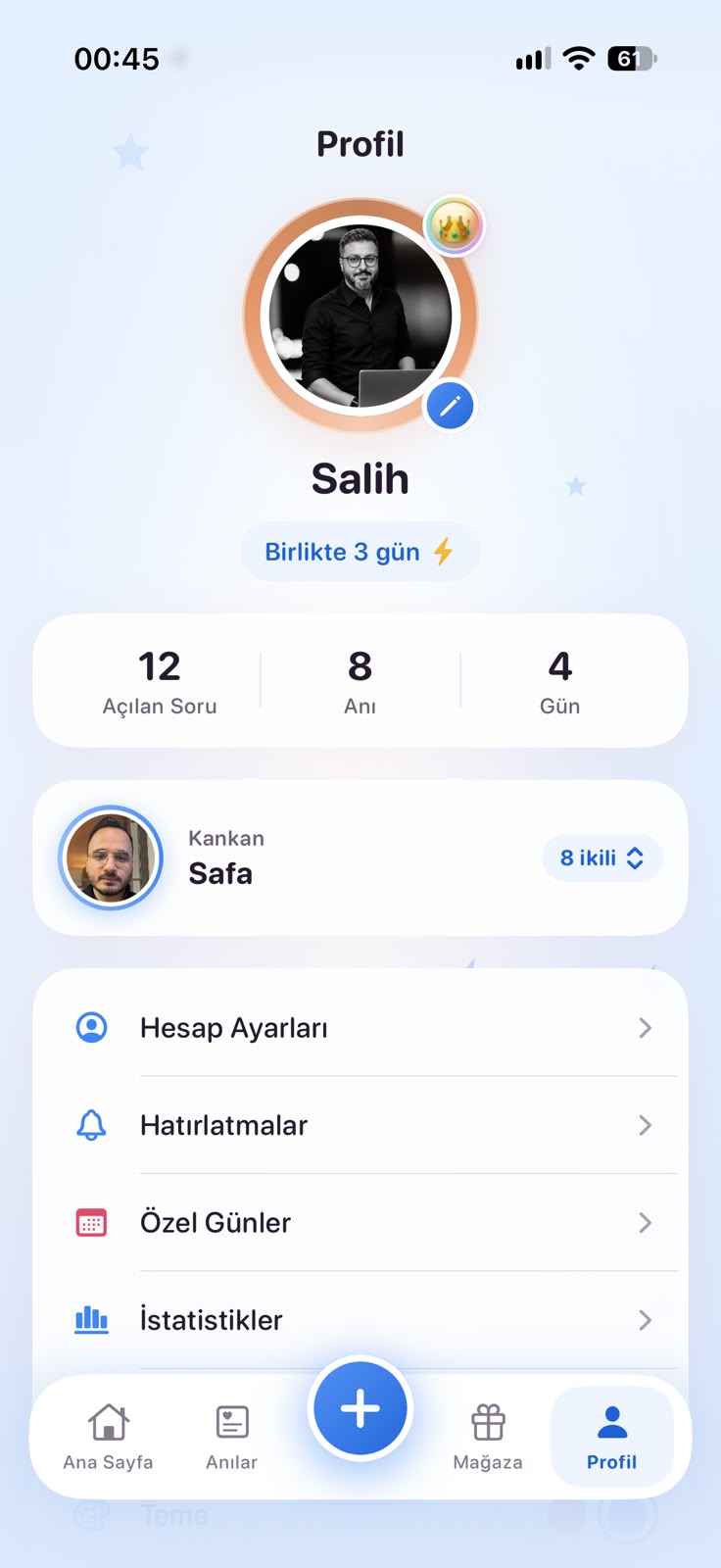 Gerçek iOS Profil sekmesi ve ikili değiştirme alanı