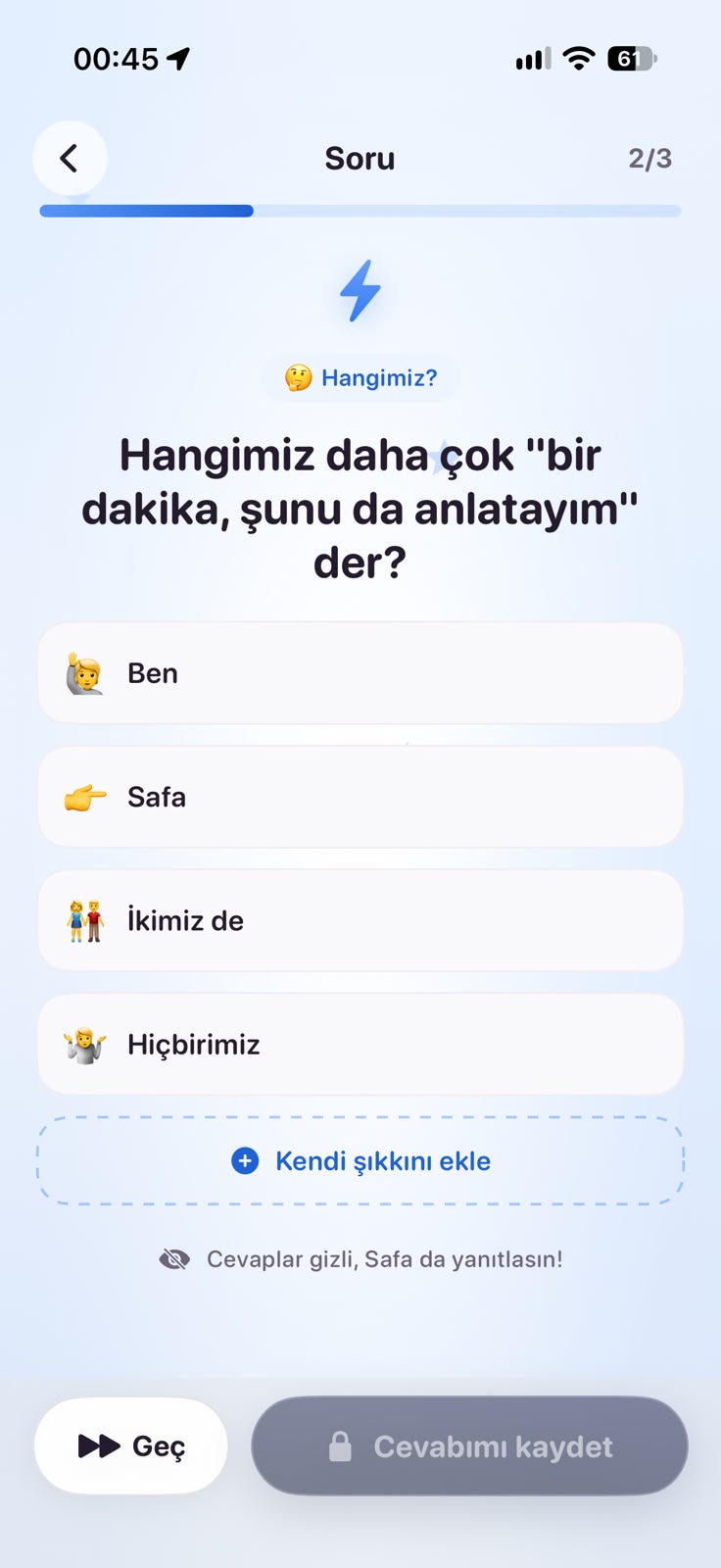 Gerçek iOS soru cevaplama ekranı
