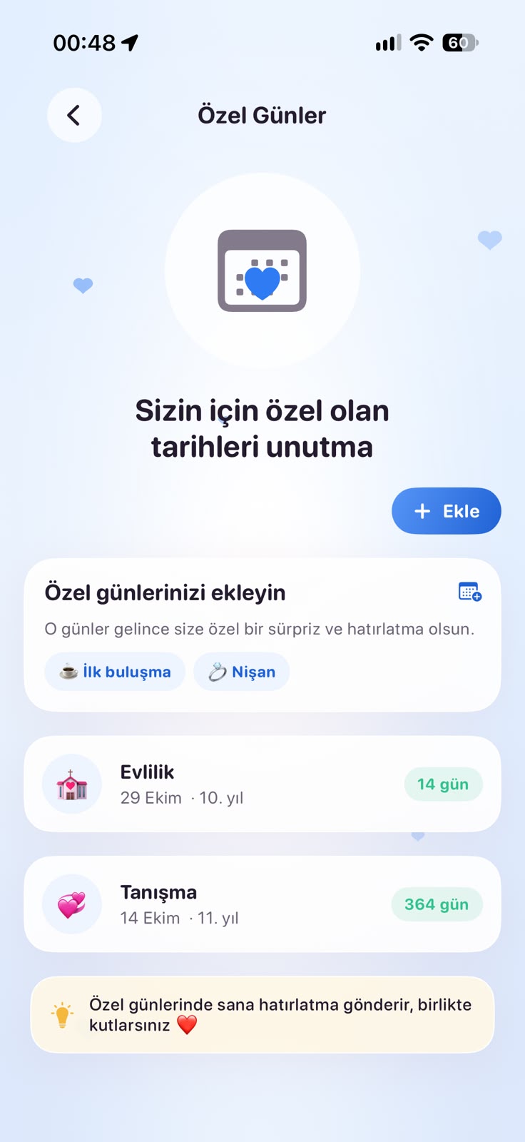 Gerçek iOS Özel Günler ve hatırlatıcı ekranı